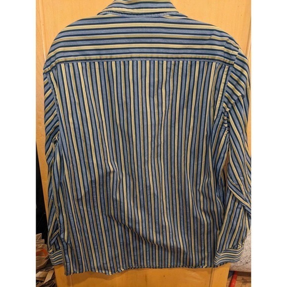 J.Ferrar Button Up Shirt Men's Size 16-16.5 Long Sleeve Blue Gold striped - Picture 2 of 3